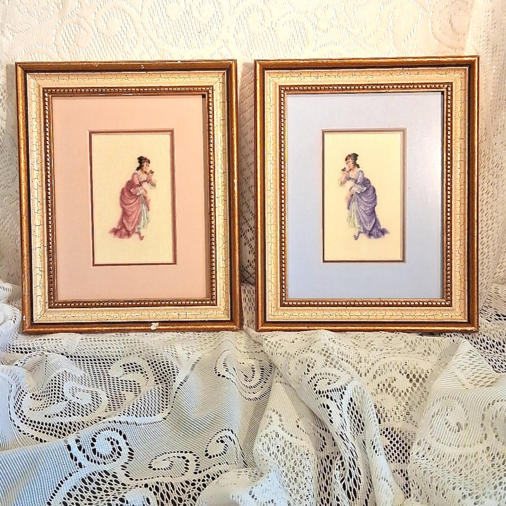 2 Petit Point Victorian Ladies Double Matted, Framed Under Glass 3417